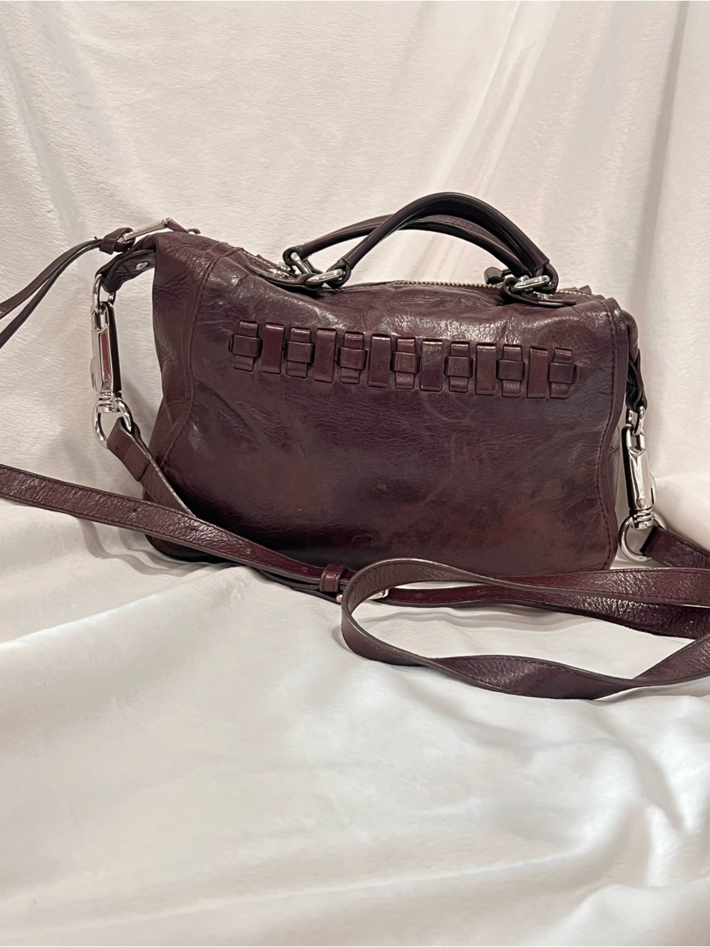Barneys New York Plum Leather Shoulder Satchel with Woven Detail